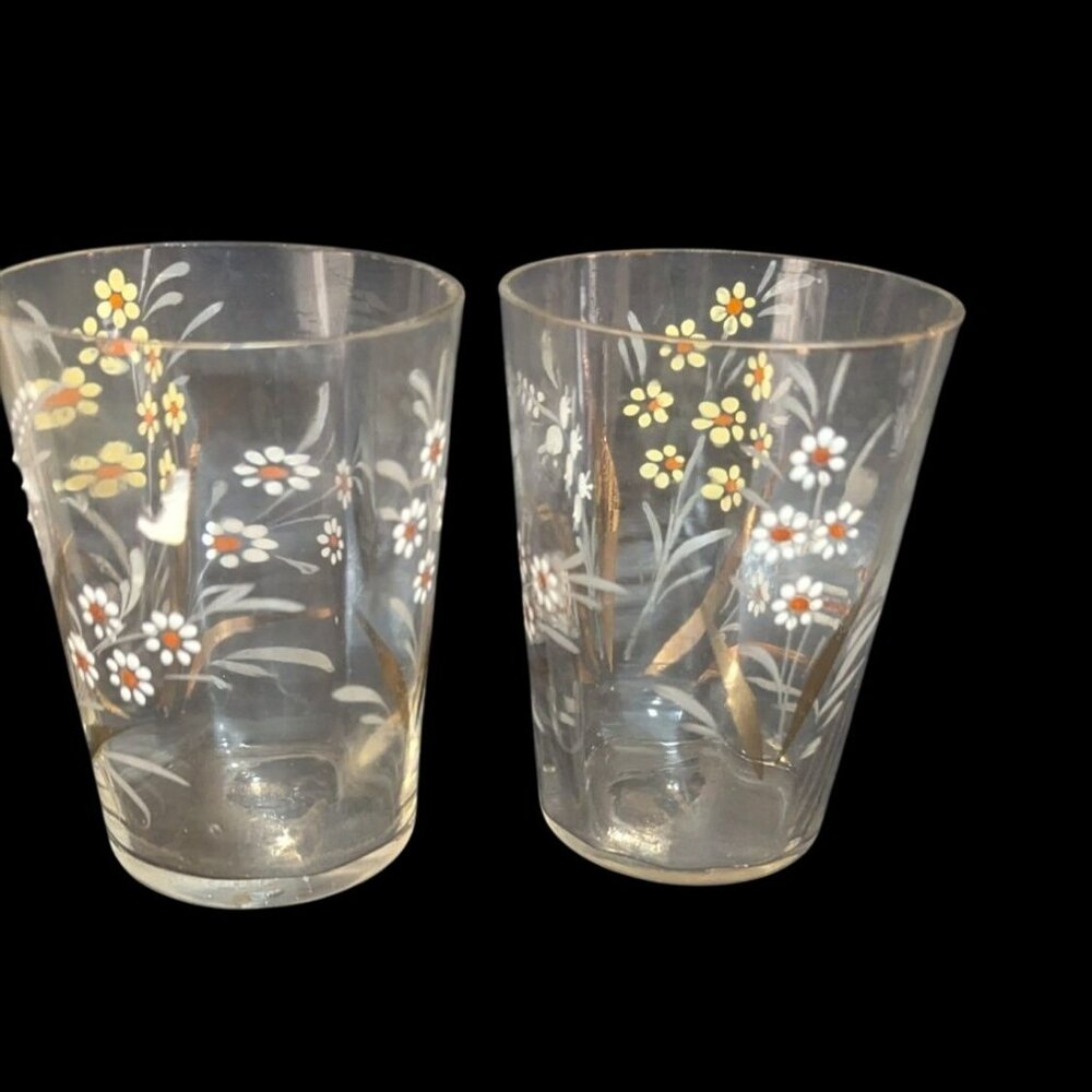 Hand-Painted Vintage Flower‎ Glasses Set Of 2 Elegant Clear Tumblers With Yellow